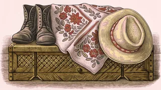 An embroidered shawl, leather boots and straw hat on a painted chest.