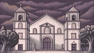 People greet each other in a Spanish plaza with a white church building behind them.