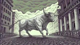 A powerful bull thunders down a narrow Spanish street during fiesta.