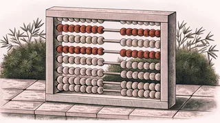 Colored beads on an abacus sit beside stacked counting blocks on a classroom desk.
