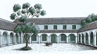 A historic plaza with vibrant flowers and traditional terracotta architecture.