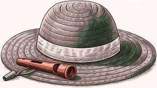 A woven straw hat beside a small clay whistle.