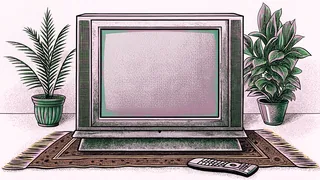 A boxy television set with remote control sits on a rug beside a side table.