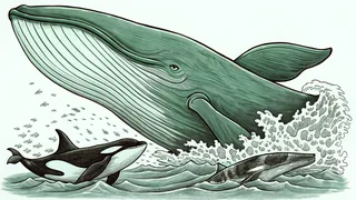 A blue whale breaching alongside a humpback whale and orca in the vast open ocean.