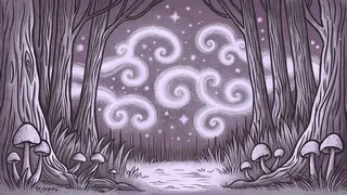A cloud of shimmering faerie dust drifts across a moonlit forest clearing.