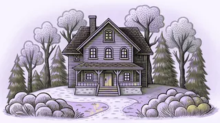 A hidden house glows in a magical forest surrounded by fantastical creatures.
