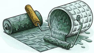A paint roller and tipped bucket spilling bright colour across paving stones.