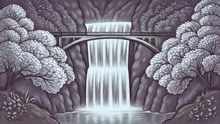 Lilac flowers bloom beside rushing water and a historic bridge in a scenic urban landscape.