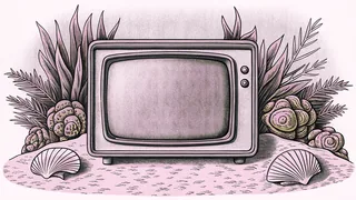 A vintage TV sits on sand beside decorative shells and aquatic plant shapes.