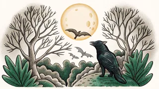 Nocturnal and eerie creatures gathered together in moonlight.