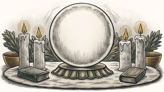 A crystal ball glows amid candlelight and ethereal orbs at a mystical table.