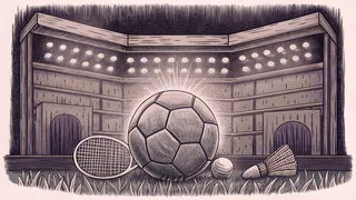 Sports equipment scatters on grass—soccer ball, tennis racket, and shuttlecock under stadium glow.