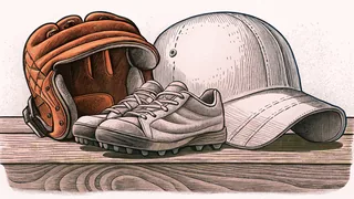 Baseball glove with cleats and helmet arranged on a wooden bench