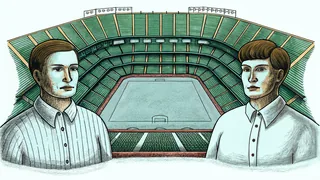 Sports venue showing officials, coaching staff, and stadium grounds maintenance.