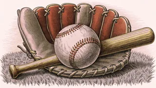 A baseball glove and bat rest on green grass in afternoon sunlight.