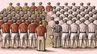 Athletes in jerseys compete on a field while a referee holds a trophy.