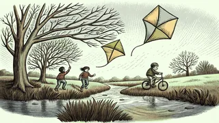 Children fly colorful kites and ride bicycles across a sunny, breezy spring meadow.