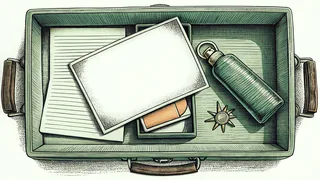 A packed suitcase, blank postcard, sunblock, and motel key arranged with travel notes.