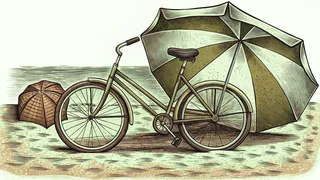 A bicycle and umbrella rest together on sand by the spring shore.