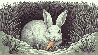A fluffy white rabbit with alert ears nibbles a carrot beside a grass burrow.