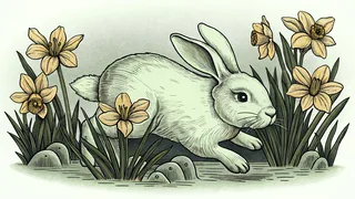A rabbit bounds through a garden abloom with golden spring flowers.