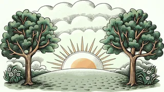The sun illuminates a verdant spring landscape at break of day.
