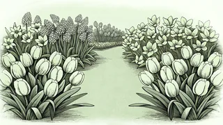 Colorful spring flowers—tulips, daffodils, and hyacinths—blanket a garden in exuberant bloom.