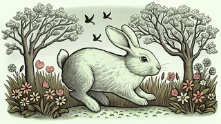 A fluffy bunny plays amid blooming flowers and soaring birds in a spring garden.