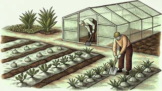 Planting seedlings and bulbs, a gardener works in spring soil nearby