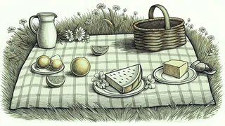 A picnic blanket laden with watermelon and lemonade sits in dappled sunshine.