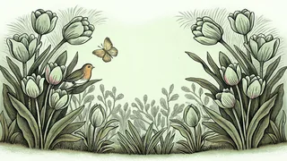 A robin rests among pink tulips as a butterfly dances close by.