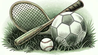 Sports equipment from baseball to rowing sits arranged on a spring field.