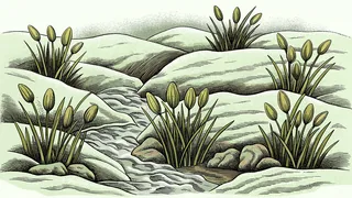 Melting snow feeds a stream while green buds burst on nearby branches.