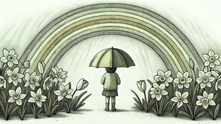 A young child stands beneath a vibrant rainbow amid blooming spring tulips and daffodils.