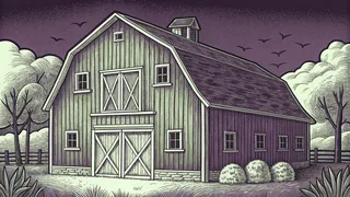 A weathered barn overlooks a pasture filled with newborn farm animals.