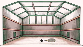 A squash racquet and dark ball sit on a white-walled indoor court.