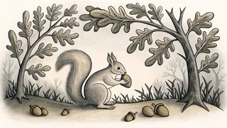 Squirrel hoarding acorns among autumn foliage.