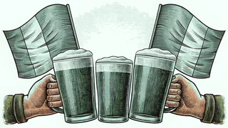 Glasses of Guinness, Irish whiskey, and green beer toasting together on St. Patrick's Day.