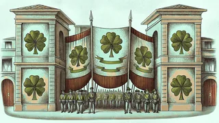 St. Patrick's Day parade with marching bands, flags, green shamrock decorations, and Irish harp.