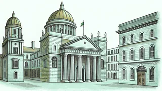 Dublin's St. Patrick's Day celebration with parade floats, ornate cathedral, pub scenes, and dancers.