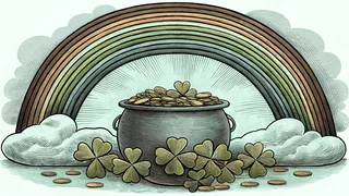 Leprechaun standing with pot of gold at rainbow's end, surrounded by shamrocks and gold coins.