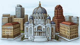 Minneapolis and St. Paul's skylines meet with a vision of peace monument.