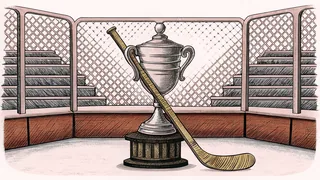 A hockey stick and puck sit on the ice near a gleaming silver championship trophy.