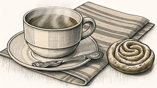 A warm coffee drink and pastry comfort a cozy morning moment.