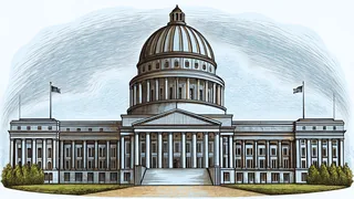 A domed capitol building with white columns rises above a green lawn lined with flagpoles.