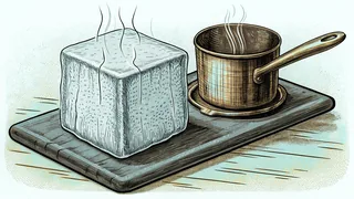 A large block of ice with vapor rising from it, resting on a dark slate slab beside a copper pot with steam curling above.