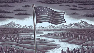 The American flag flies over mountains, plains, and varied natural landscapes.