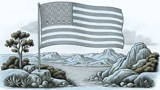 The American flag set against the nation's diverse landscape features and terrain.