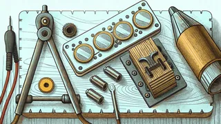 A robotic arm, a drafting compass, and a circuit board are arranged on a workbench.
