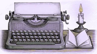 An old typewriter sits on a desk beside a burning candle and a stack of blank pages.